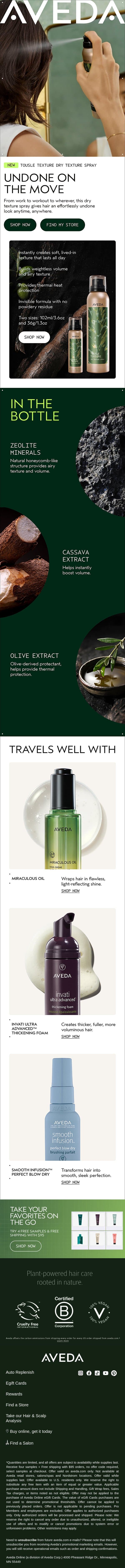 Look effortlessly undone anytime, anywhere email from Aveda screenshot
