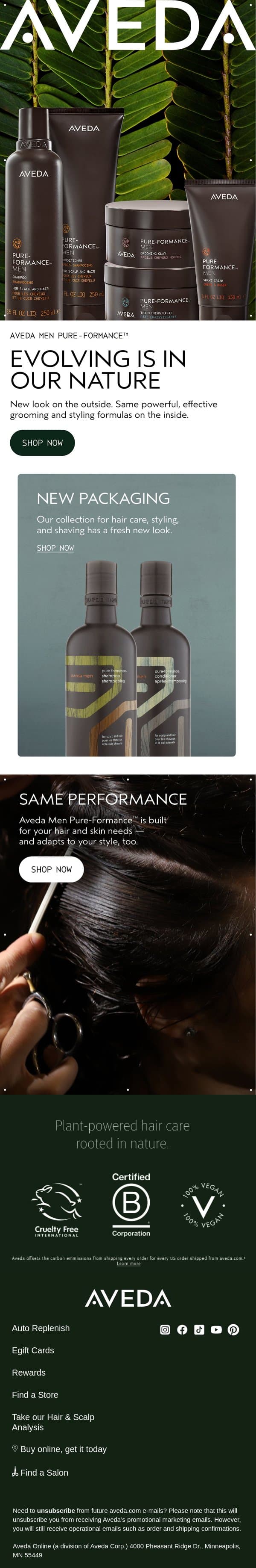 New look. Same Pure-Formance™. email from Aveda screenshot