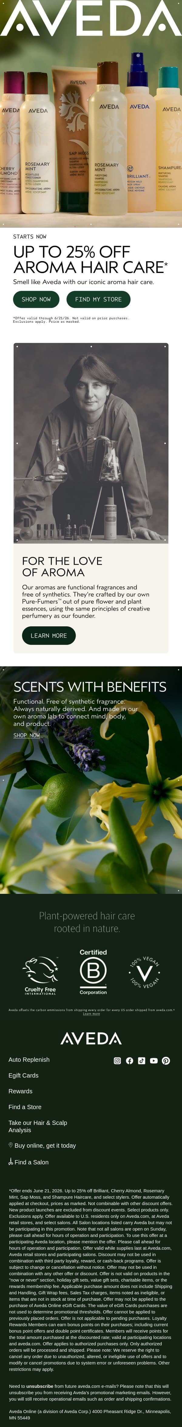 Sale's on now: up to 25% off our most-loved aromas email from Aveda screenshot