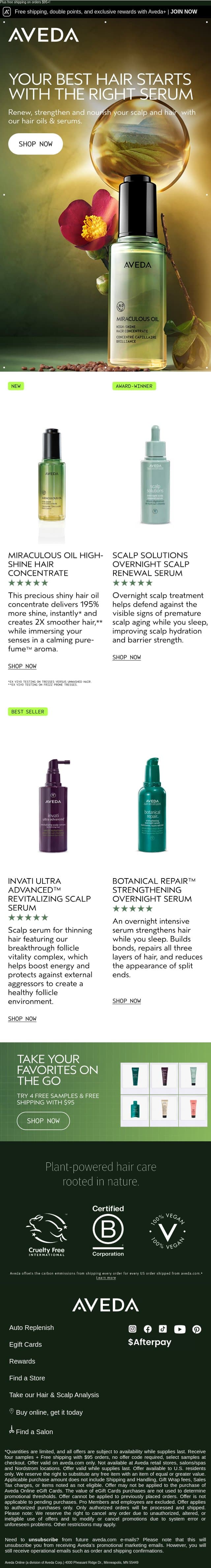 The hair serum guide email from Aveda screenshot