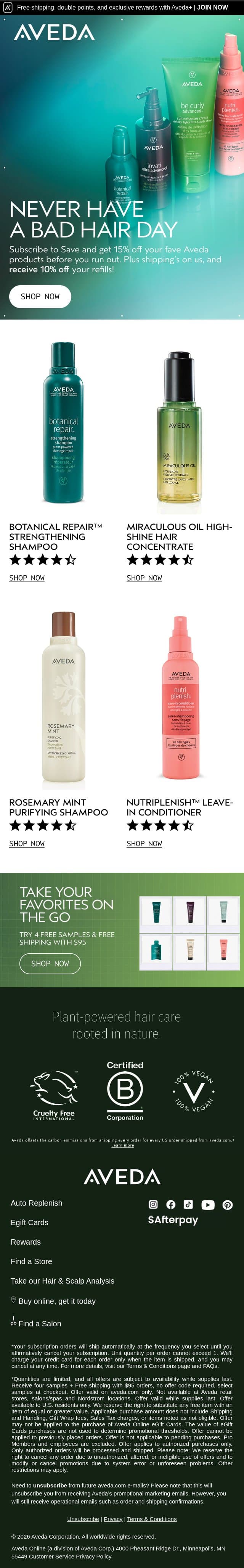 Never run out of your Aveda favorites email from Aveda screenshot