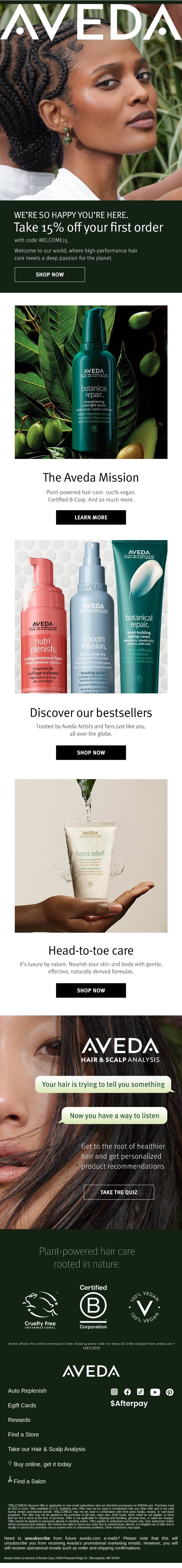 Enjoy 15% off your first purchase. Our welcome to you! email from Aveda screenshot