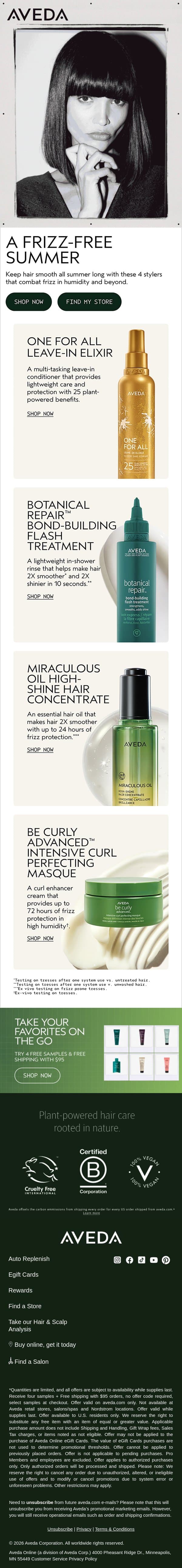 Frizz Free for Your Summer Plans email from Aveda screenshot