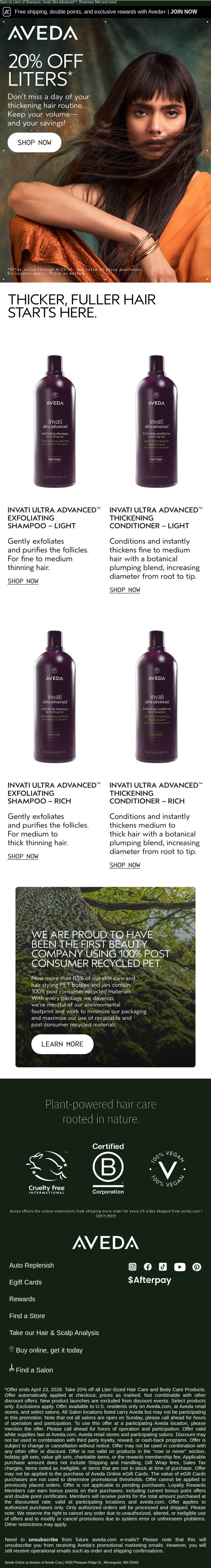 Larger sizes, less waste—20% off for a limited time. email from Aveda screenshot