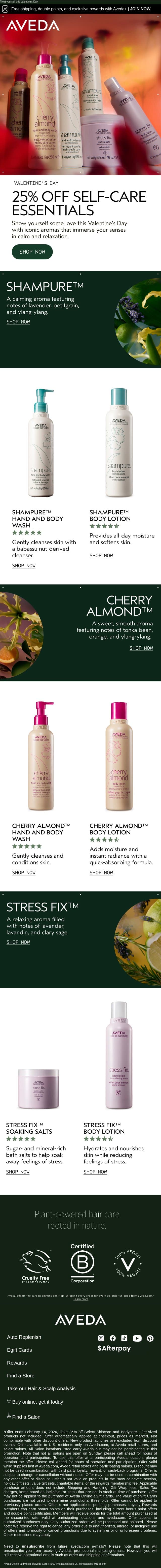 Self-care essentials at 25% off ❤️ email from Aveda screenshot