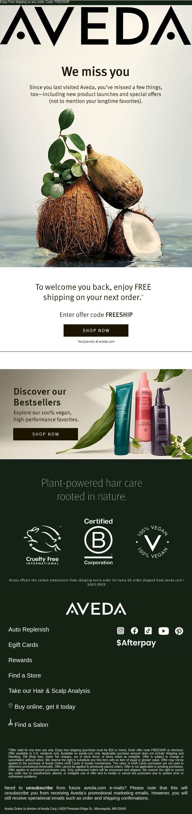 Enjoy Free shipping on your next order. email from Aveda screenshot