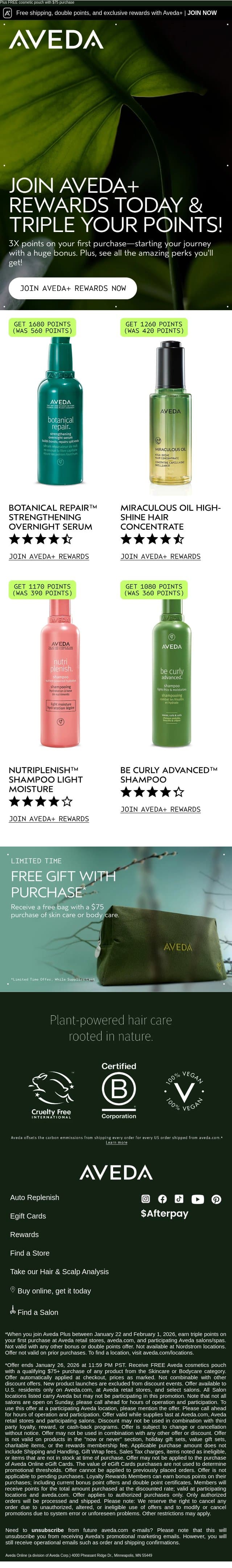 Join Aveda+ Rewards and get 3x points! email from Aveda screenshot