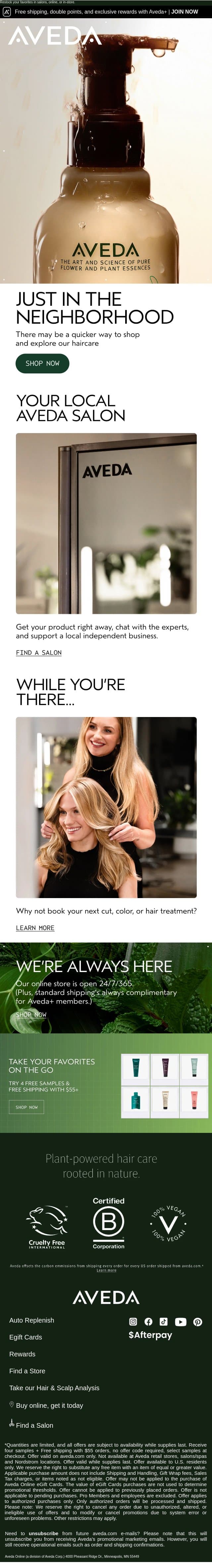 Down to the last drop? Our salons have you covered. email from Aveda screenshot
