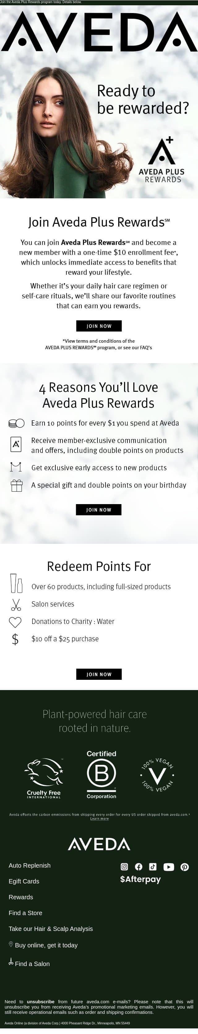 Ready to get rewarded? email from Aveda screenshot