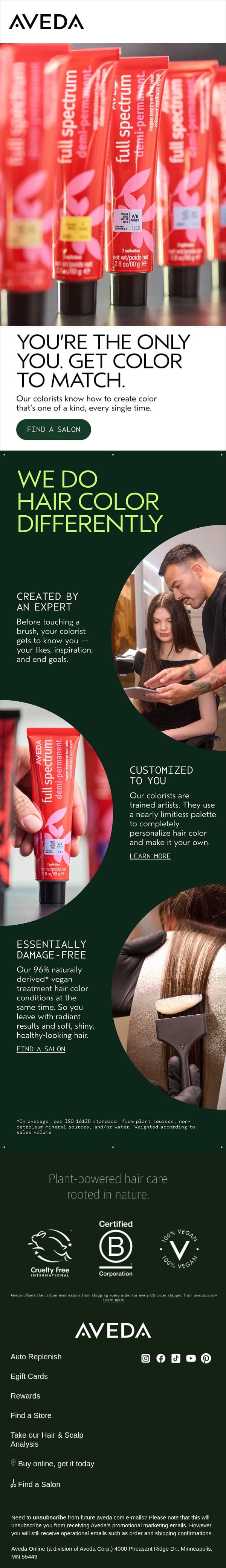Color as unique as you are. email from Aveda screenshot