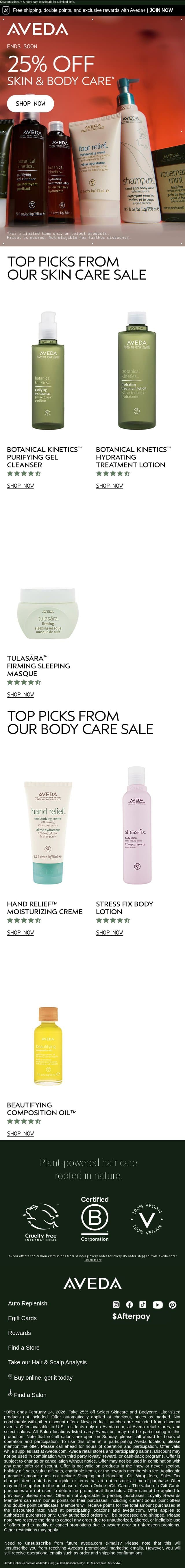 Our top picks: Best of the 25% off sale email from Aveda screenshot