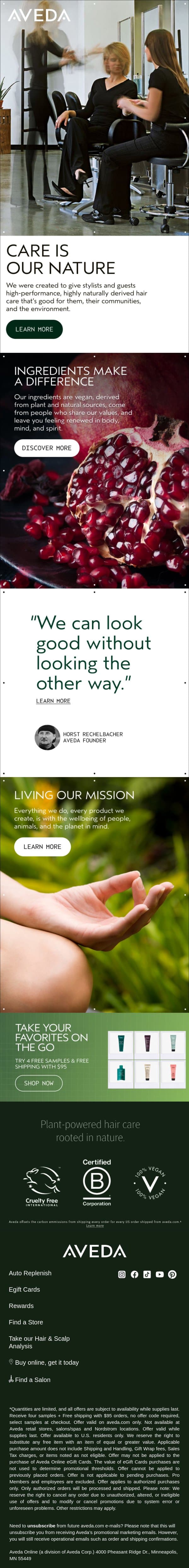 Care is in our nature email from Aveda screenshot