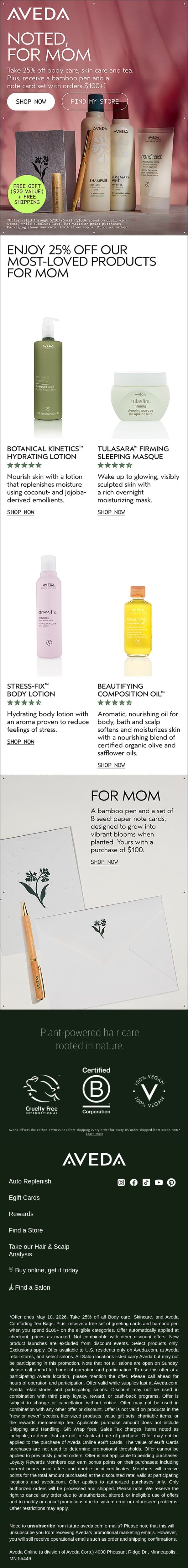 25% off top picks for mom + a free gift valued at $20! email from Aveda screenshot