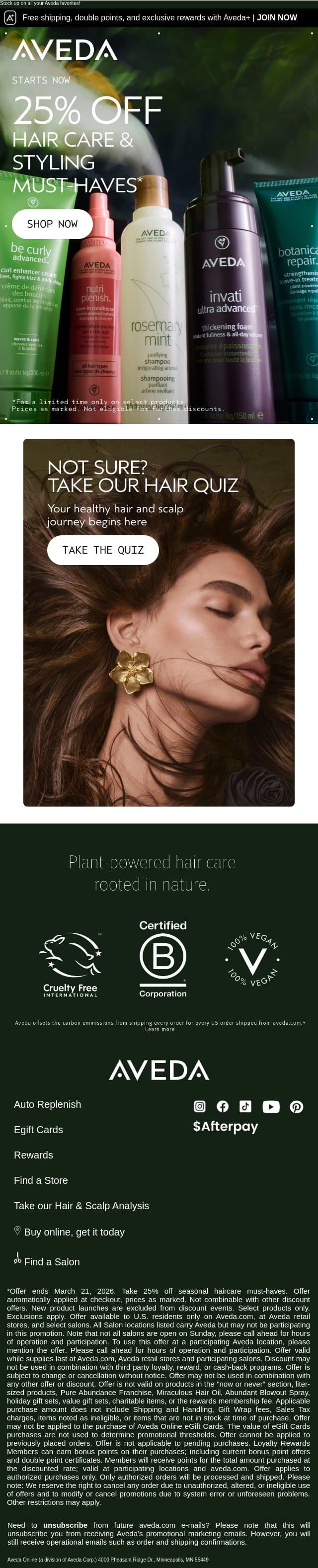 Sale starts now: 25% off Hair Care and Styling must-haves email from Aveda screenshot