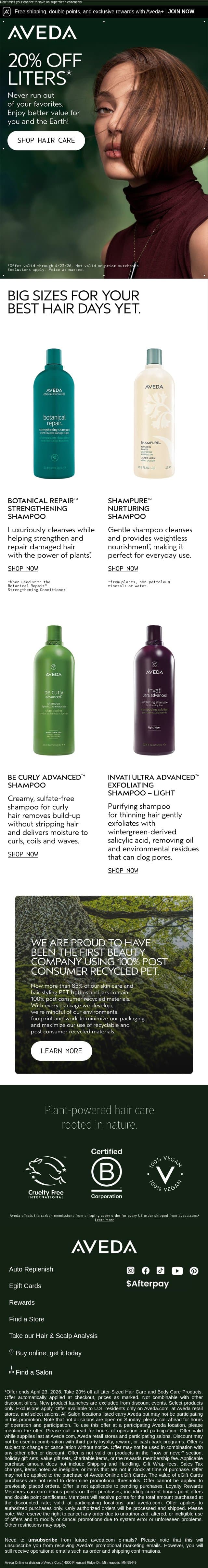 Take 20% off liters now for a limited time email from Aveda screenshot