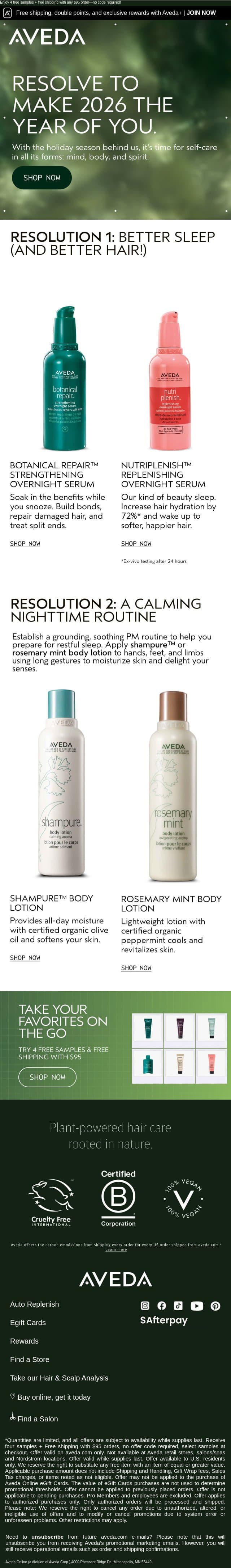 Your self-care checklist email from Aveda screenshot