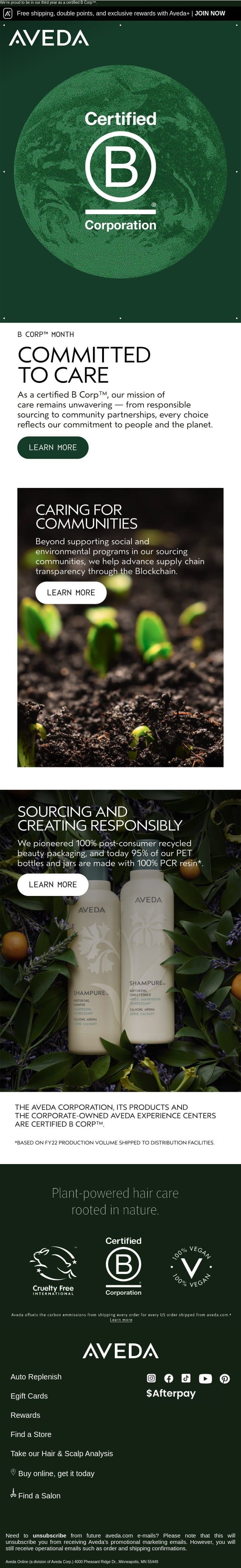 What it means for us to stay committed, especially now email from Aveda screenshot