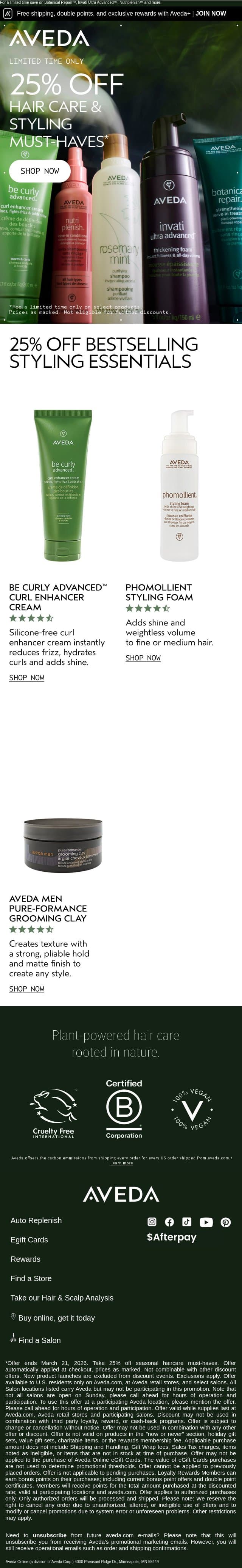 Your best hair starts here - with 25% off email from Aveda screenshot