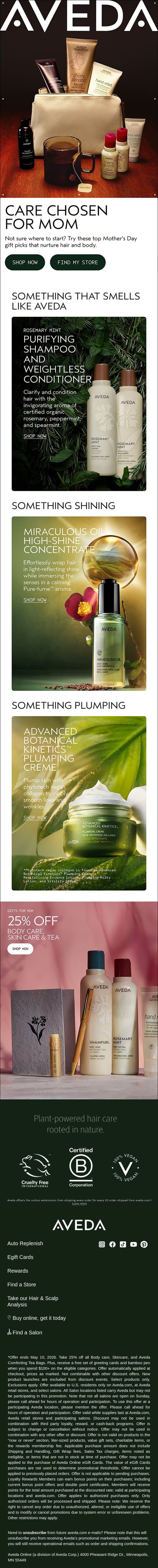 Gifts rooted in care for the most caring person email from Aveda screenshot