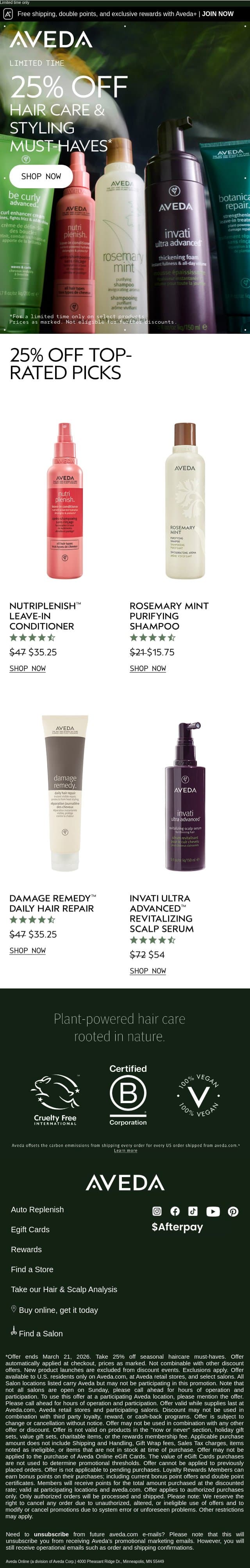Get 25% off your hair routine right now but not for long email from Aveda screenshot
