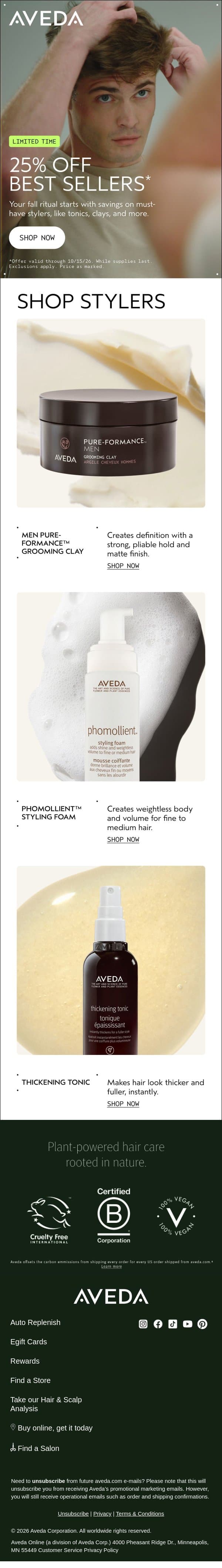 Save 25% on styling favorites for fall email from Aveda screenshot