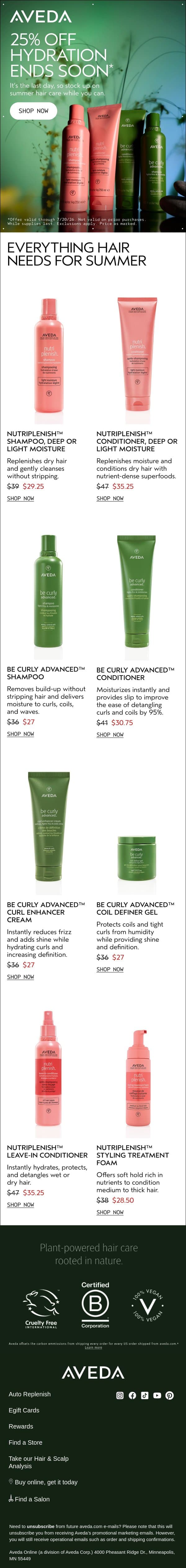 Last chance: 25% off summer hair and body essentials email from Aveda screenshot