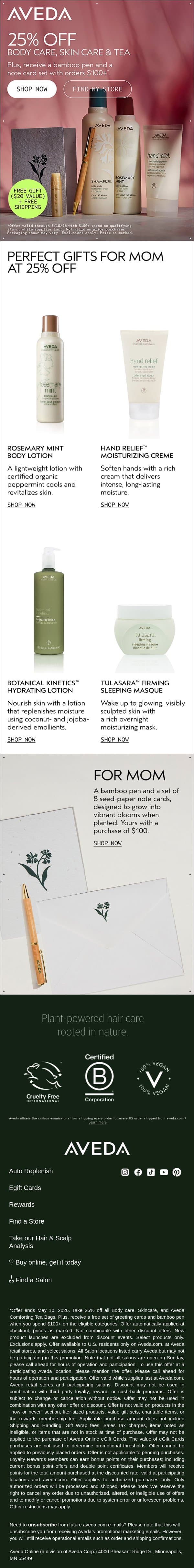 A sale not to miss: 25% off body care, skin care and tea email from Aveda screenshot