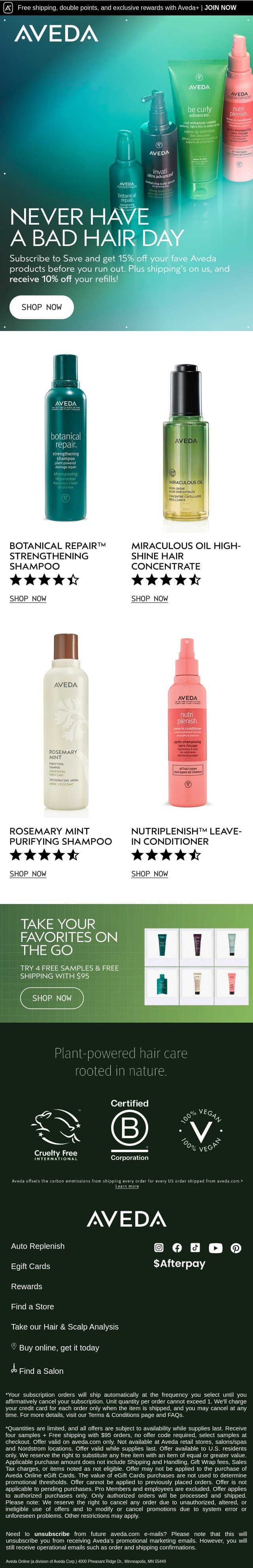 Want to get 15% off? email from Aveda screenshot
