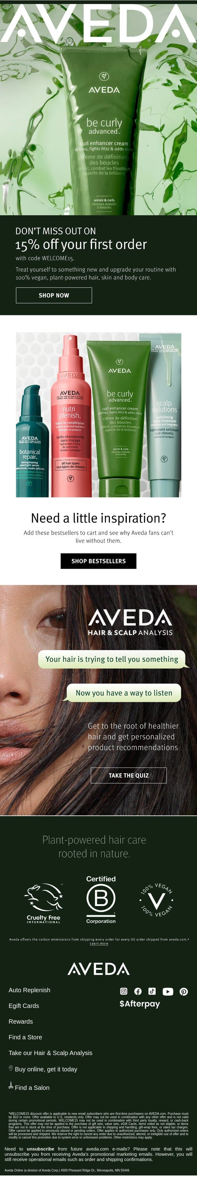 15% OFF your first order is waiting for you! email from Aveda screenshot