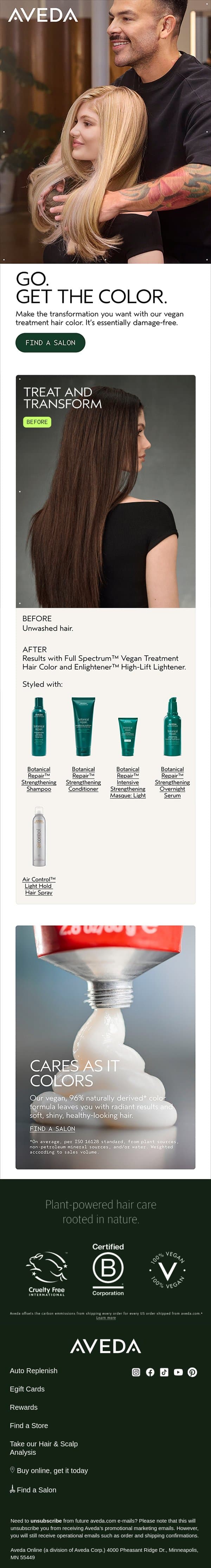 Get the color. It’s essentially damage free. email from Aveda screenshot