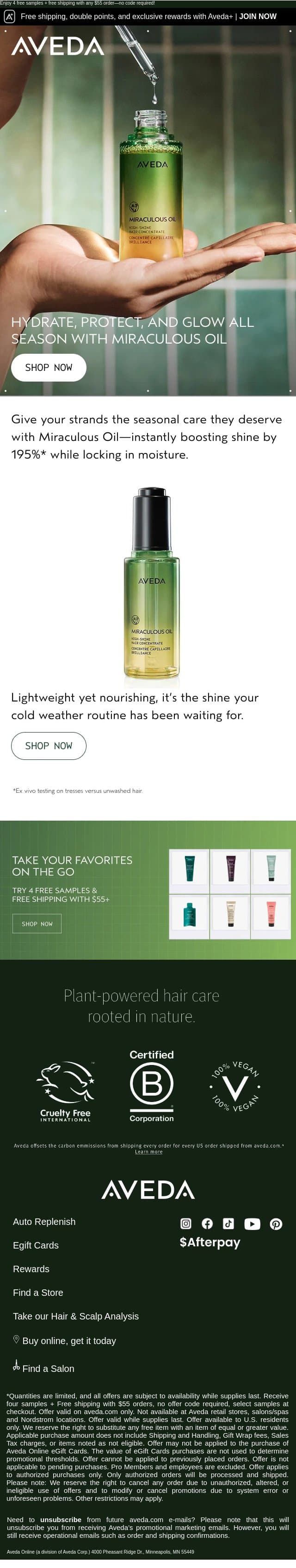 Miraculous Results, One Drop Away email from Aveda screenshot