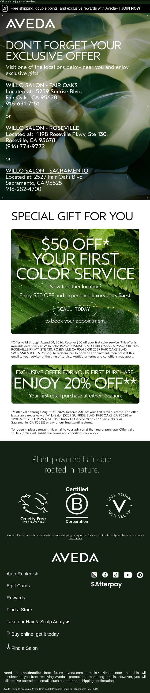 🌿 Welcome to Your New Aveda Location: 20% Off email from Aveda screenshot