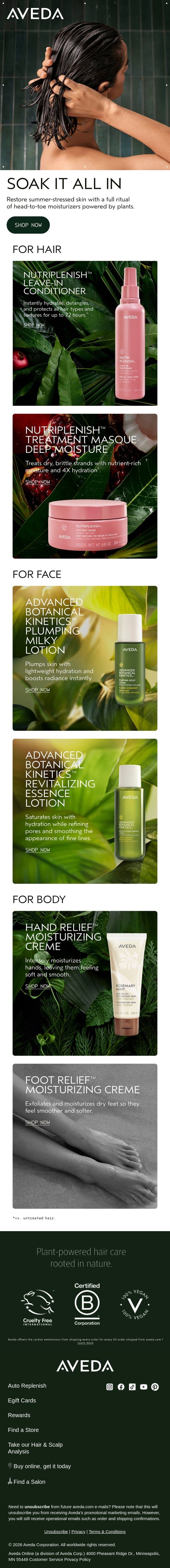 The head-to-toe ritual that’ll keep you hydrated. email from Aveda screenshot