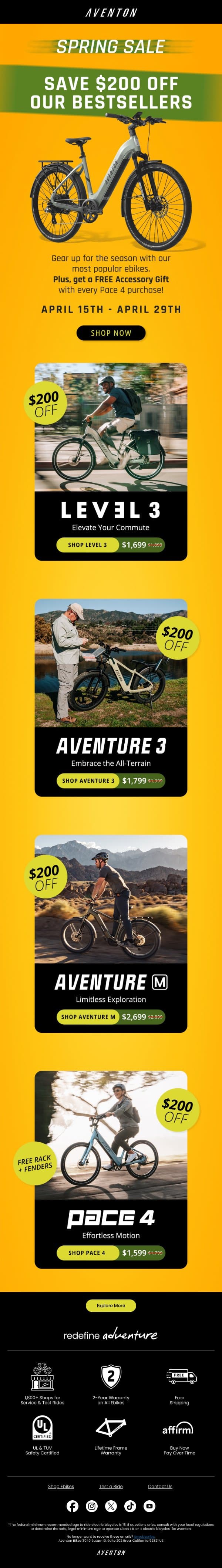 🌸 Spring Sale is LIVE: $200 Off email from Aventon screenshot