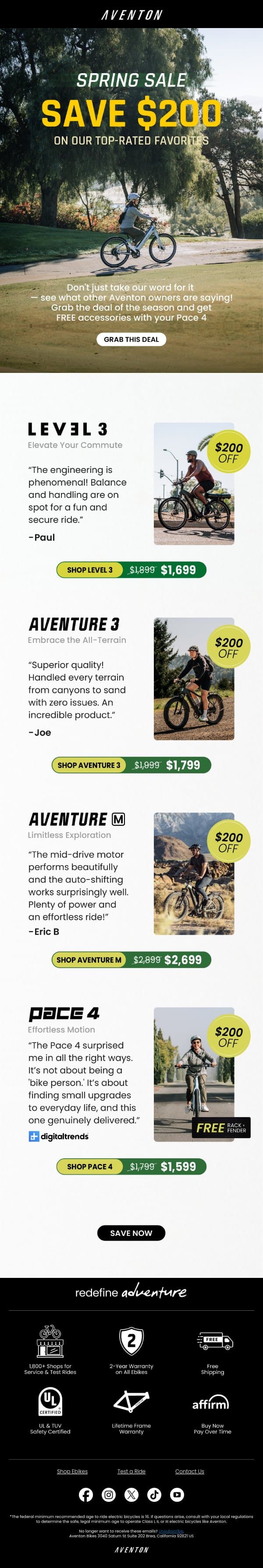 Spring Is Here - Save $200 On Your Next Ride email from Aventon screenshot