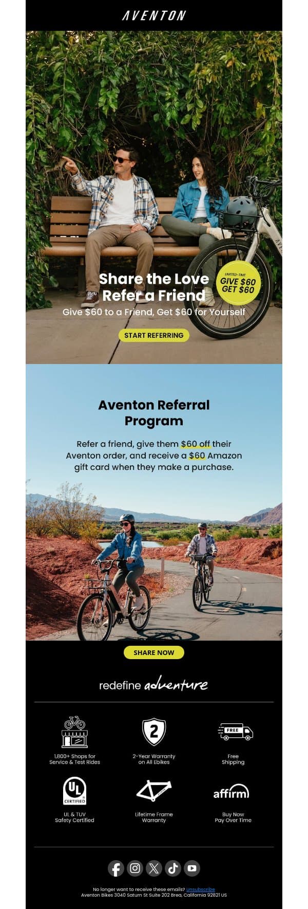 Give $60, Get $60 – Refer a Friend Today! email from Aventon screenshot
