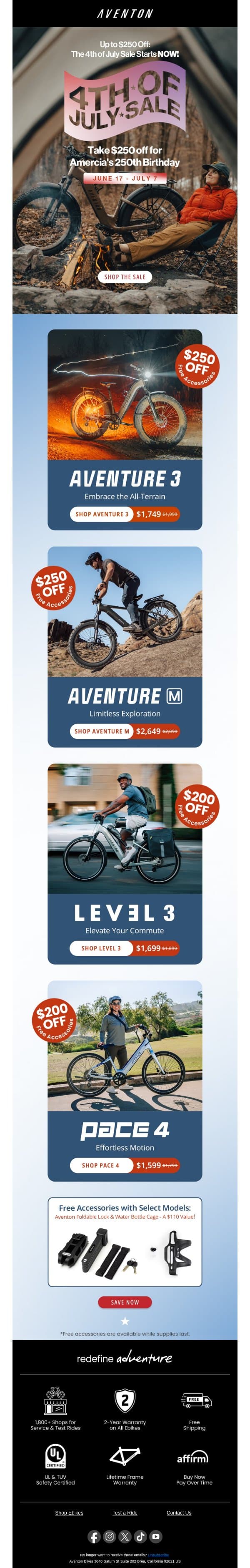🇺🇸 The 4th of July Sale is LIVE: Up to $250 Off! email from Aventon screenshot