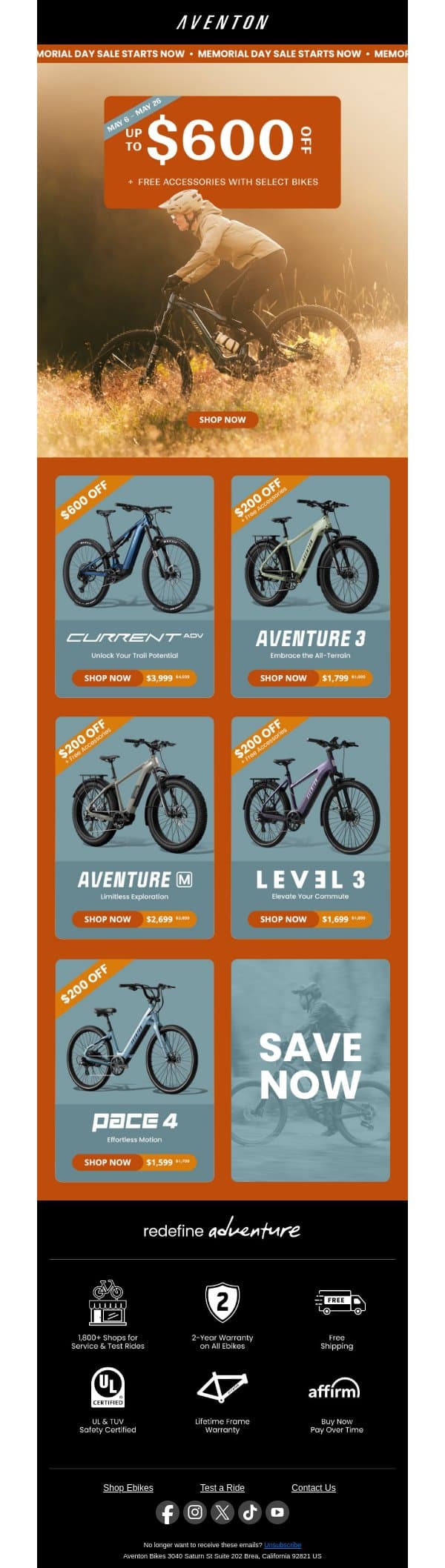 🇺🇸 MEMORIAL DAY SALE: Save up to $600! email from Aventon screenshot
