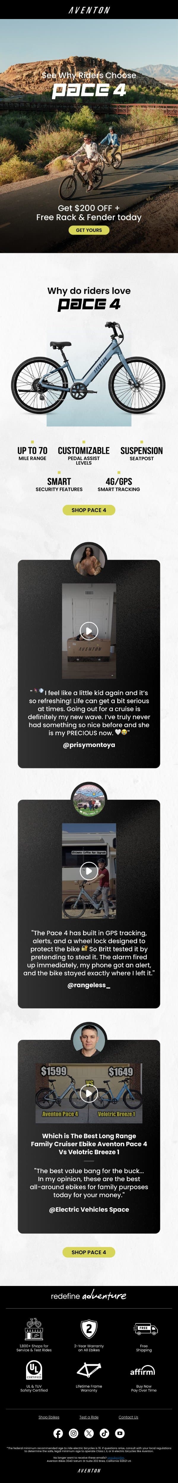 Rave Reviews for Pace 4 🚲 Plus $200 Off & Free Accessory email from Aventon screenshot