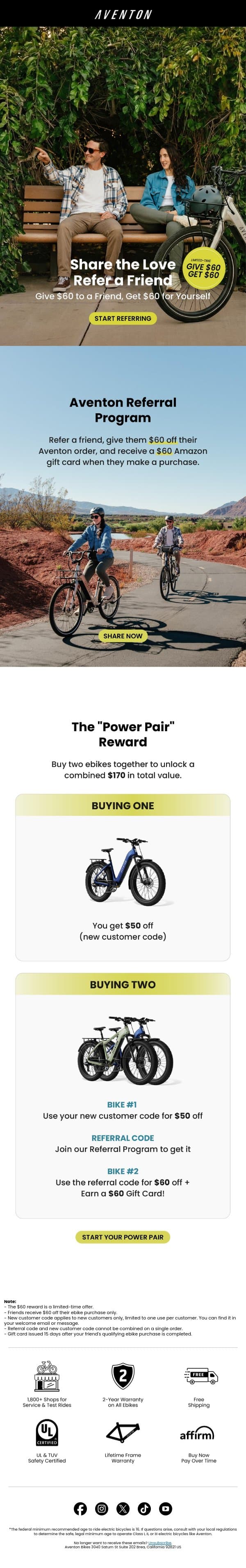 Unlock $170 Rewards with the Referral Power Pair! 🚲⚡ email from Aventon screenshot