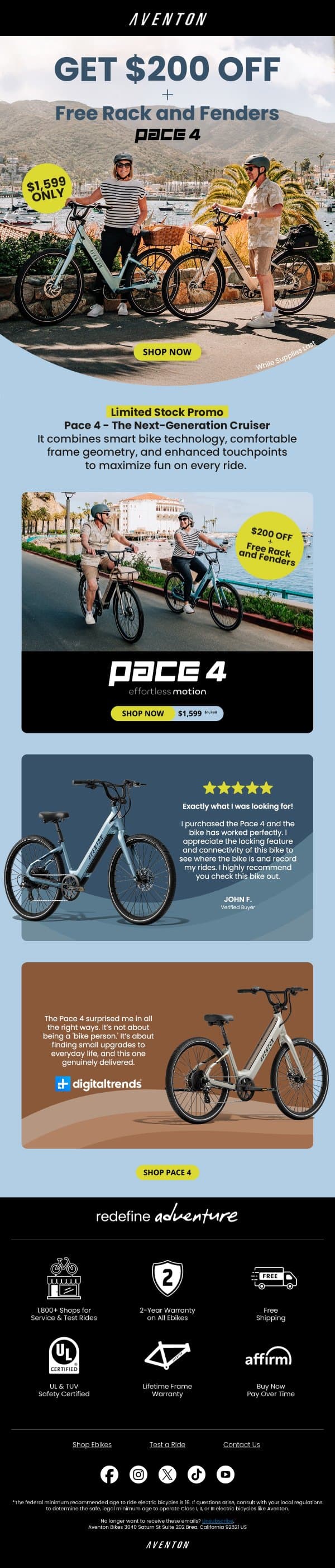 $200 OFF Pace 4 + Free Rack and Fender 🎁 email from Aventon screenshot