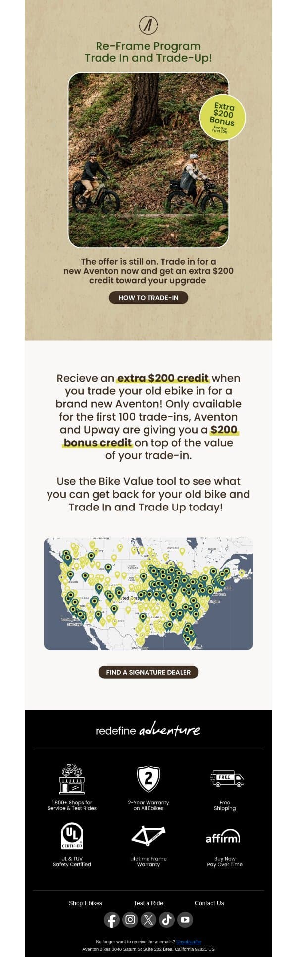 LIMITED TIME ONLY: Your $200 Re-Frame Credit is Waiting ⚡️ email from Aventon screenshot