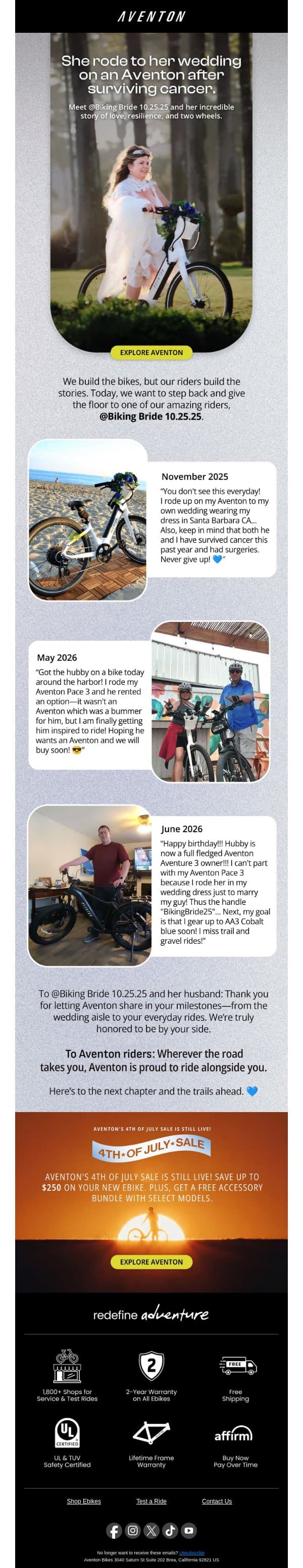 Riding an Aventon to her wedding 🚲👰‍♀️ email from Aventon screenshot
