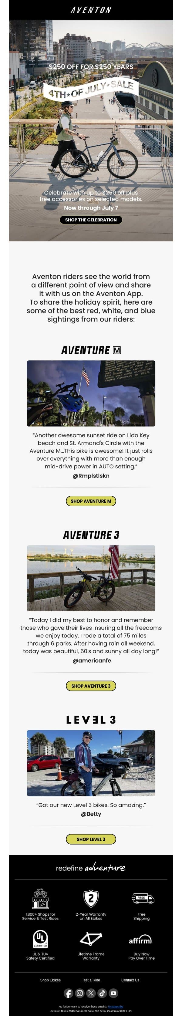 Happy 4th of July! Celebrating America’s 250th email from Aventon screenshot