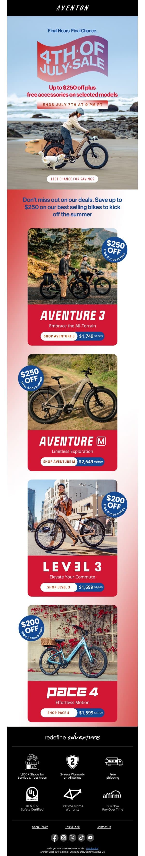 LAST CALL: Our 4th of July Sale ends tonight. email from Aventon screenshot
