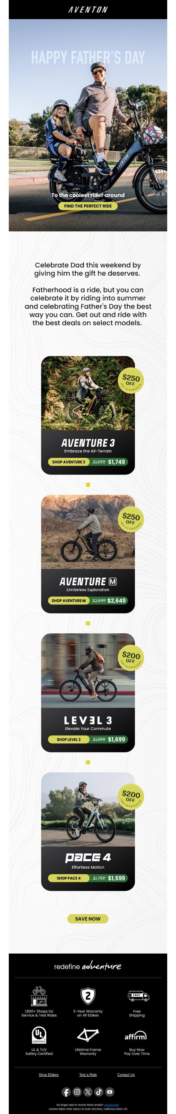 To the dad who always pushed you forward—Happy Father's Day 🚲 email from Aventon screenshot