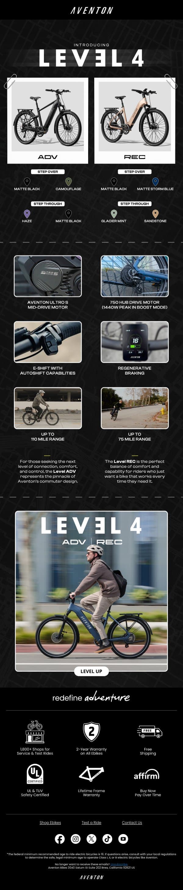 Choose Your Level: ADV vs REC email from Aventon screenshot