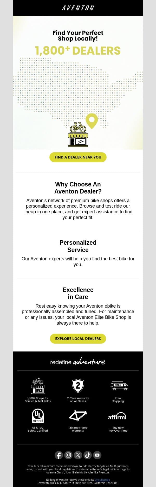 Discover an Aventon Dealer in Your Area Today! 📍 email from Aventon screenshot