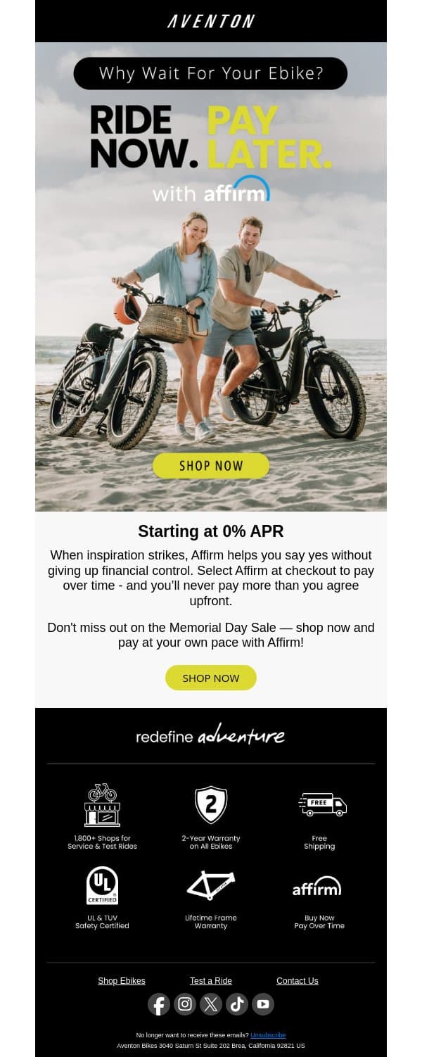 Aventon offers flexible payments with Affirm 💳✨ email from Aventon screenshot