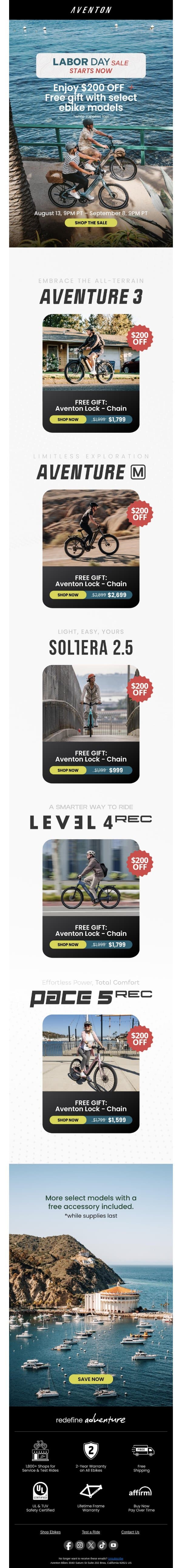 Labor Day Sale Starts: Save $200 + Get a FREE gift 🎁 email from Aventon screenshot